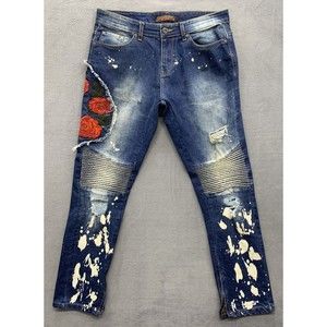 Focus Denim Jeans Men's 36 X 32 Blue Moto Embroidered Factory Distressed Roses